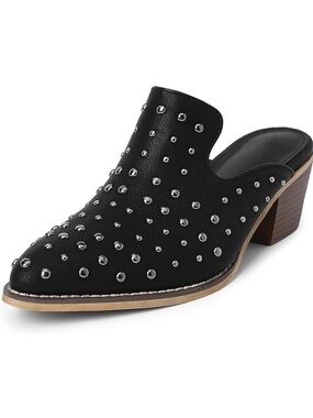 Studded Black Leather Mule Heel - Women's Slip-On